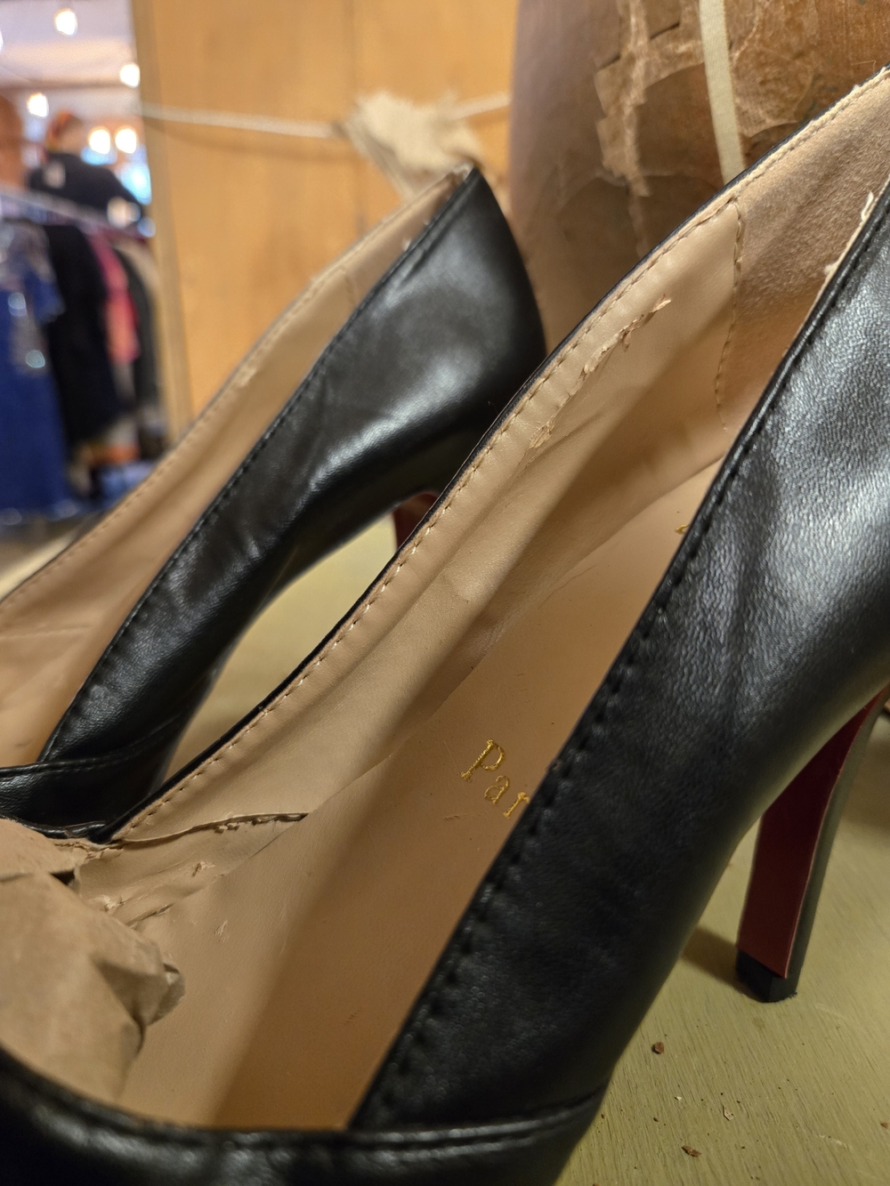 Christian Louboutin Black Leather Peep-Toe Ruched Pumps with Gold Insole - Picture 9 of 11